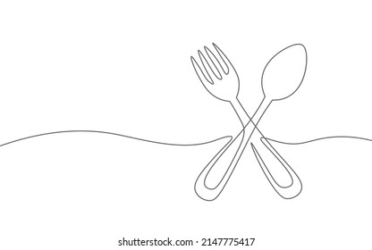 One line spoon fork gastronomy concept. Continuous lineart tasty soup cook dish. Delirious dining restaurant cuisine vector illustration