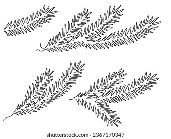 One line spruce branch isolated on white background. Graphic Christmas tree set. Vector illustration for Xmas cards, New year party posters.