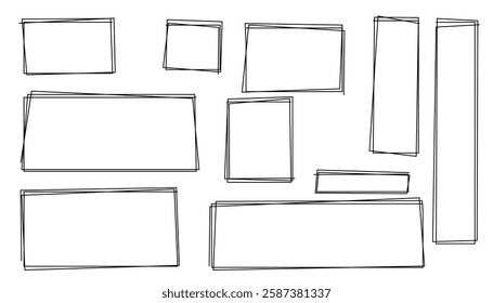 One line square set. hand drawn rectangle highlight elements. doodle frame design. hand drawn frames set. pencil square text box. Line border