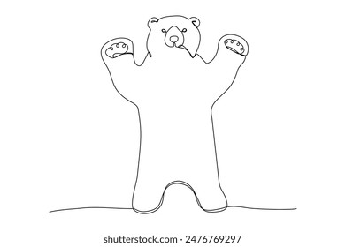 Una línea de oso parado, boceto de línea. Ilustración vectorial monocromática de contorno de animal forestal aislado sobre fondo blanco