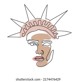 One line Statue of Liberty face.  Minimalist continuous linear vector illustration. Patriotic modern art.