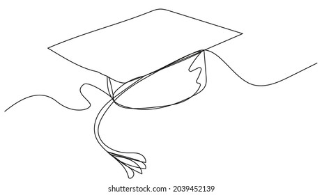 One line student cap on white background. Vector illustration of the sign of a graduate and a specialist in their profession. Image for presentations, banners, brochures, educational groups.