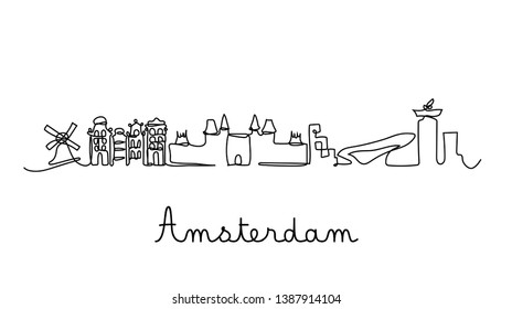 One line style Amsterdam city skyline. Simple modern minimaistic style vector.