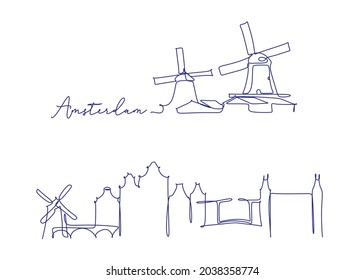 One line style Amsterdam city skyline. Simple modern minimaistic style vector. Single continuous line drawing of Amsterdam city skyline, Netherlands. Famous skyscraper landscape postcard. World travel