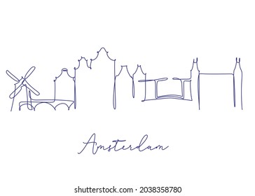 One line style Amsterdam city skyline. Simple modern minimaistic style vector. Single continuous line drawing of Amsterdam city skyline, Netherlands. Famous skyscraper landscape postcard. World travel