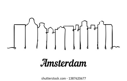 One line style Amsterdam skyline. Simple modern minimalistic style vector. Isolated on white background. 