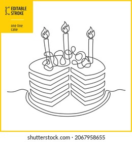 One line style birthday cake. Editable stroke drawing on white isolated background. Vector illustration.