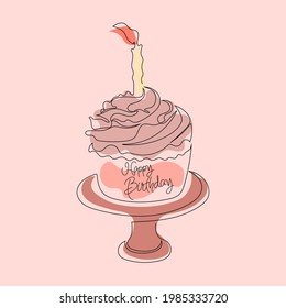 One line style cake with candles. Continuous line art in an elegant style for prints, labels, cards, logos, invitations. Happy birthday background. Vector illustration
