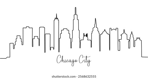 One line style Chicago City skyline. Simple modern minimaistic style vector, One single line drawing of Chicago city skyline, United States. Historical town landscape in the world. Best holiday.