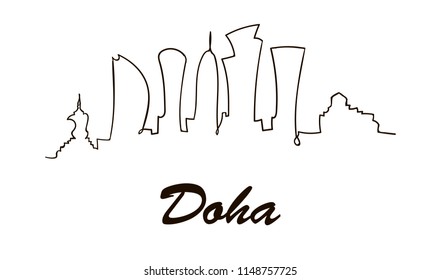 Eine Linie Stil Doha Stadt Skyline. Einfache moderne, minimaistische Vektorgrafik.