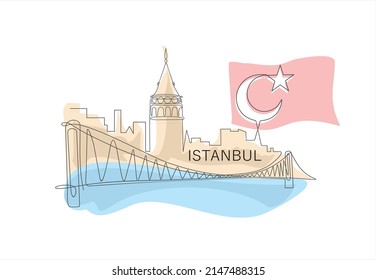 One line style Galata Tower and Bosphorus Bridge,
istanbul bridge. Simple modern minimalistic style vector.