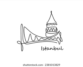 One line style Galata Tower and Bosphorus Bridge,
istanbul bridge. Simple modern minimalistic style vector.