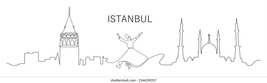 One line style Galata Tower,sufi dancer and masjid or mosque. Simple modern minimaistic style vector.