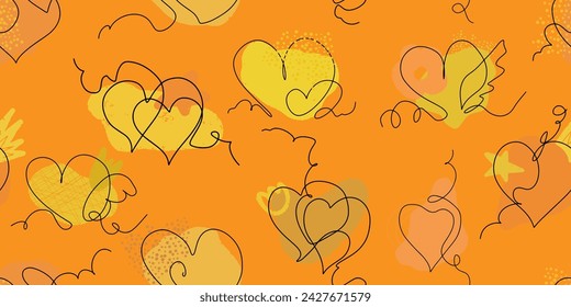 One line style hearts with texture spots. Vector seamless pattern.
