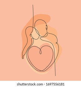 
One line style illustration. A beautiful couple of people where a girl and a guy love each other. The guy hugs the girl from behind, kisses her on the lips. The connection of bodies in the shape of a