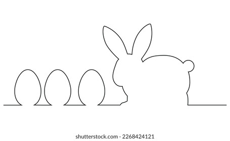 one line style illustration of a rabbit and easter eggs.