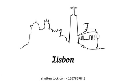 One line style Lisbon skyline. Simple modern minimaistic style vector.Isolated on white background.