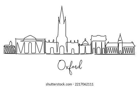 One Line Style Oxford City Skyline United Kingdom. Simple Modern Minimalistic Style. Single Continuous Line Drawing Of Oxford City Skyline, United Kingdom. Famous City Scraper And Landscape.