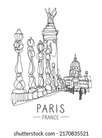 One line style Paris. Continuous line vector illustration. Paris line art of Alexander III Bridge. Travel sketch of Paris, France. Urban sketch in black color isolated on white background. Vector.