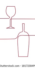 One line style picture. Silhouettes of red wine botle and glass. Simple continious contour drawing.