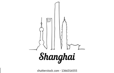 One line style Shanghai skyline. Simple modern minimaistic style vector. Isolated on white background. 