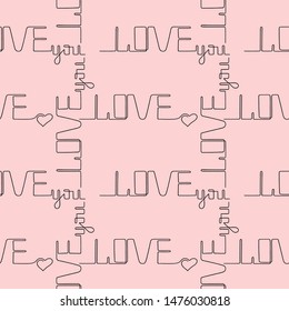 One line style, vector seamless pattern. Love you lettering on pink background, for background, packaging, wrapping paper