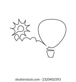 One line Summer holidays icon. One continuous line drawing of a hot air balloon,  clouds and  scorching sun at noon. Vector illustration of a hot air balloon, cloud and sun.