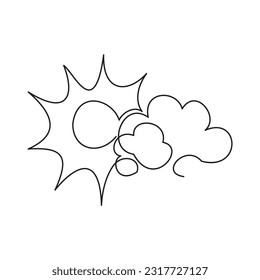 One line Summer icon. One continuous line of the sun at noon behind the clouds on the left. Vector illustration of sun and clouds.