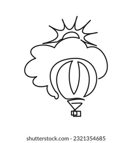 One line Summer vacation icon. Simple line of hot air balloon under circle of clouds and sun starting to shine. Vector illustration of a hot air balloon, cloud and sun, symbol of adventure in summer.