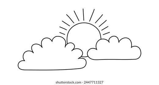 One line sun cloud art. Single line sketch sunny summer travel concept. Nature cloudy sky weather element, vector illustration, isolated silhouette on the white background.