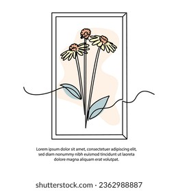 One line sun flower poster drawing with a beautiful frame. Abstract minimal continuous line wall decor.