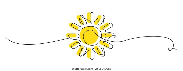Icono de Vector solar de una línea. Contorno continuo del sol, garabato de la salida del sol, ilustración de la sola línea del verano, logotipo lineal de la puesta del sol, sol abstracto en el fondo blanco