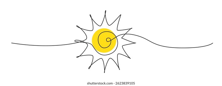 One line sun vector icon. Continuous sunshine outline, sunrise doodle, summer single line illustration, sunset linear logo, abstract sun on white background