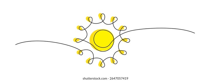 Ícone de vetor de sol de uma linha. Contorno de sol contínuo, rabiscar de nascer do sol, ilustração de linha única de verão, logotipo linear do pôr do sol, sol abstrato sobre fundo branco