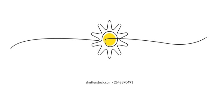 Ícone de vetor de sol de uma linha. Contorno de sol contínuo, rabiscar de nascer do sol, ilustração de linha única de verão, logotipo linear do pôr do sol, sol abstrato sobre fundo branco