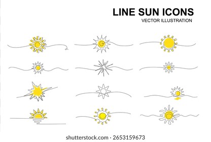 One line sun vector icon. Continuous sunshine outline, sunrise doodle, summer single line illustration, sunset linear logo, abstract sun on white background