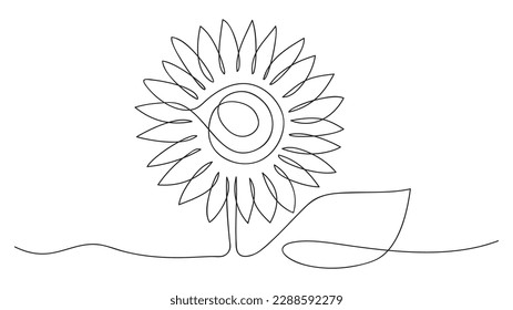 Ein Sonnenblumenelement mit einer Linie. Schwarz-Weiß-Monochrome, kontinuierliche Einzelzeilentechnik. Rahmenzeichnung, Vektorgrafik