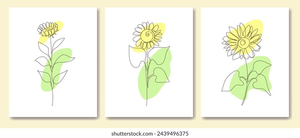 One line Sunflowers posters set. Modern art. Minimalism style. Vector illustration.