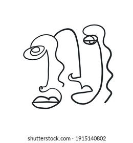 One line surreal face. Abstract linear art drawn by Cubist artist in monochrome minimalism style. Vector design for print, decor, poster, pattern, art for clothes. 