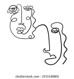 One line surreal face. Abstract linear art drawn by Cubist artist in monochrome minimalism style. Vector design for print, decor, poster, pattern, art for clothes. 