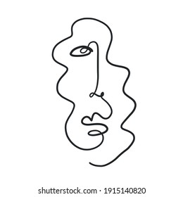 One line surreal face. Abstract linear art drawn by Cubist artist in monochrome minimalism style. Vector design for print, decor, poster, pattern, art for clothes. 