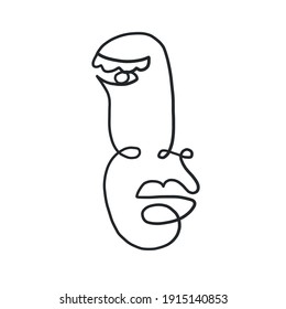 One line surreal face. Abstract linear art drawn by Cubist artist in monochrome minimalism style. Vector design for print, decor, poster, pattern, art for clothes. 