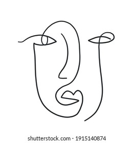 One line surreal face. Abstract linear art drawn by Cubist artist in monochrome minimalism style. Vector design for print, decor, poster, pattern, art for clothes. 