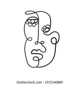 One line surreal face. Abstract linear art drawn by Cubist artist in monochrome minimalism style. Vector design for print, decor, poster, pattern, art for clothes. 