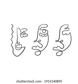 One line surreal face. Abstract linear art drawn by Cubist artist in monochrome minimalism style. Vector design for print, decor, poster, pattern, art for clothes. 