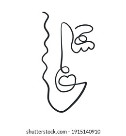 One line surreal face. Abstract linear art drawn by Cubist artist in monochrome minimalism style. Vector design for print, decor, poster, pattern, art for clothes. 