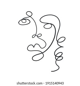 One line surreal face. Abstract linear art drawn by Cubist artist in monochrome minimalism style. Vector design for print, decor, poster, pattern, art for clothes. 