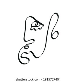One line surreal face. Abstract linear art drawn by Cubist artist in monochrome minimalism style. Vector design for print, decor, poster, pattern, art for clothes. 