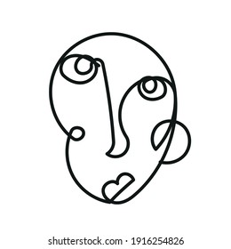 One line surreal face. Abstract linear art drawn by Cubist artist in monochrome minimalism style. Vector design for print, decor, poster, pattern, art for clothes. 