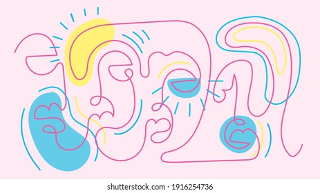 One line surreal faces. Cubism style. Vector design for print, decor, poster, pattern, social media banner. 